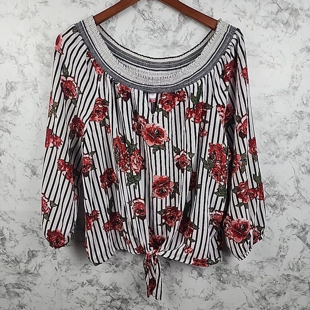 No Boundaries Blouse Womens XXL Black Floral Striped Off Shoulder Tie Front Boho